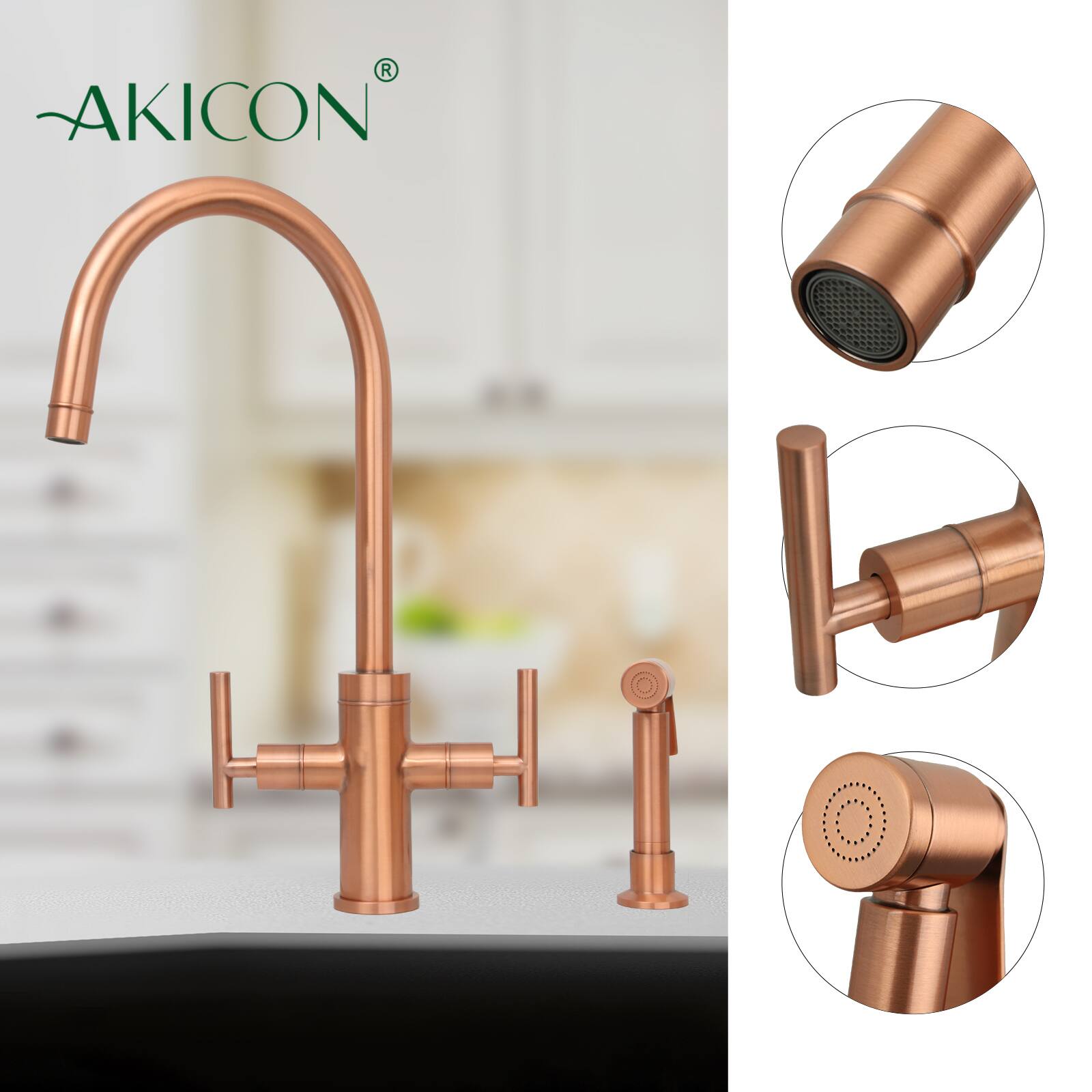 Alt View 2. Akicon - Akicon Two-Handles 360° Swivel Widespread Kitchen Faucet with Side Sprayer in Copper - Copper.