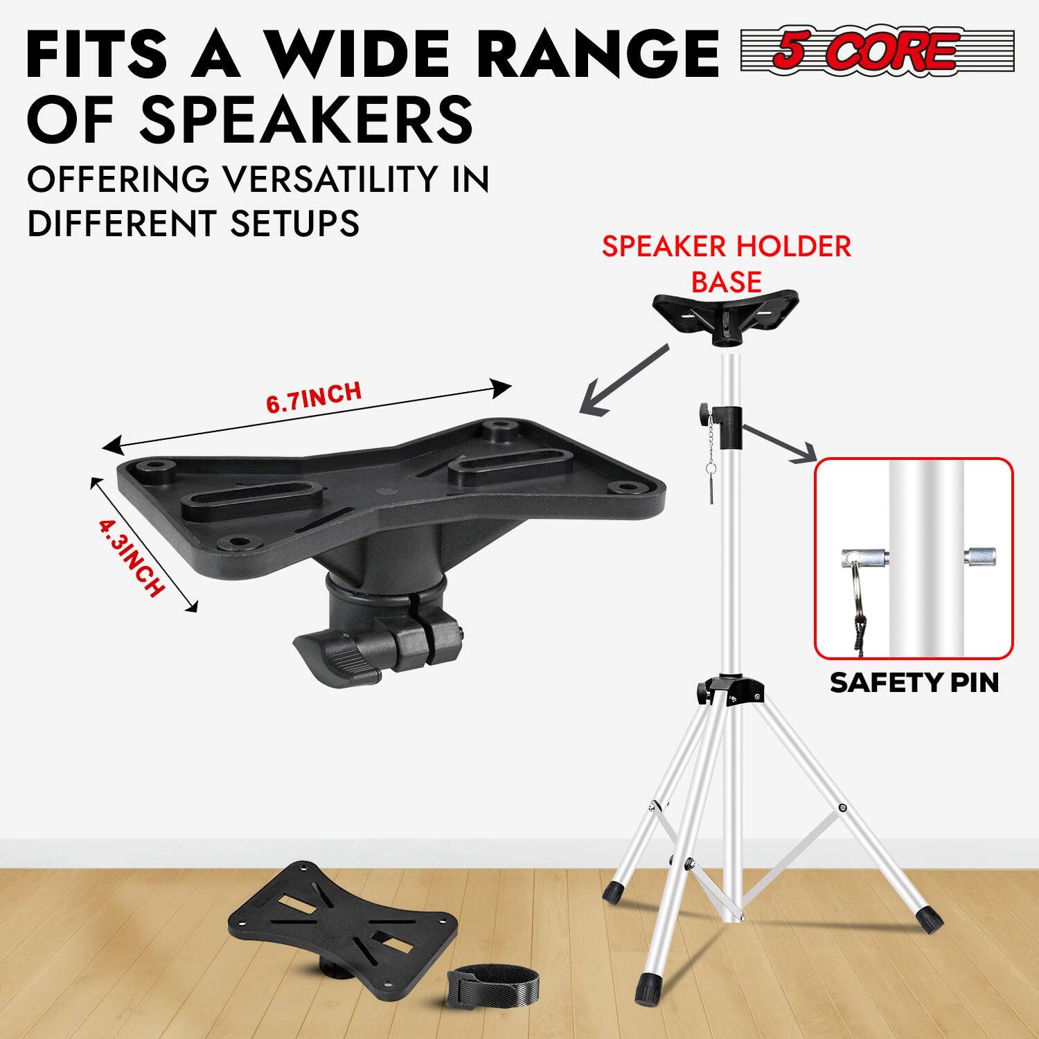 The text on the image can be grouped and corrected as follows:

- Fits a wide range of speakers, offering versatility in different setups.
- 5 core speaker holder base.
- 6.7 inch
- 4.3 inch
- Safety pin.