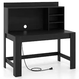 Pefilos - Modern Computer Desk - with Charging Station H-Shaped Frame, Hutch & Storage Shelves - Black
