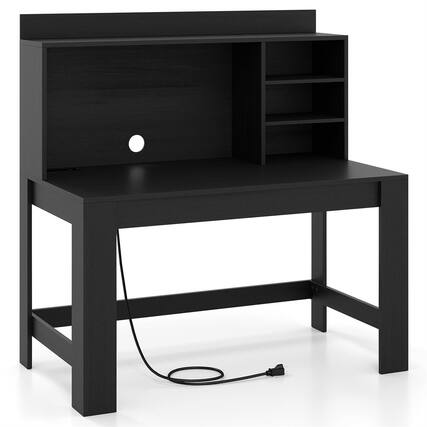 Front. Pefilos - Modern Computer Desk - with Charging Station H-Shaped Frame, Hutch & Storage Shelves, Black - Black.