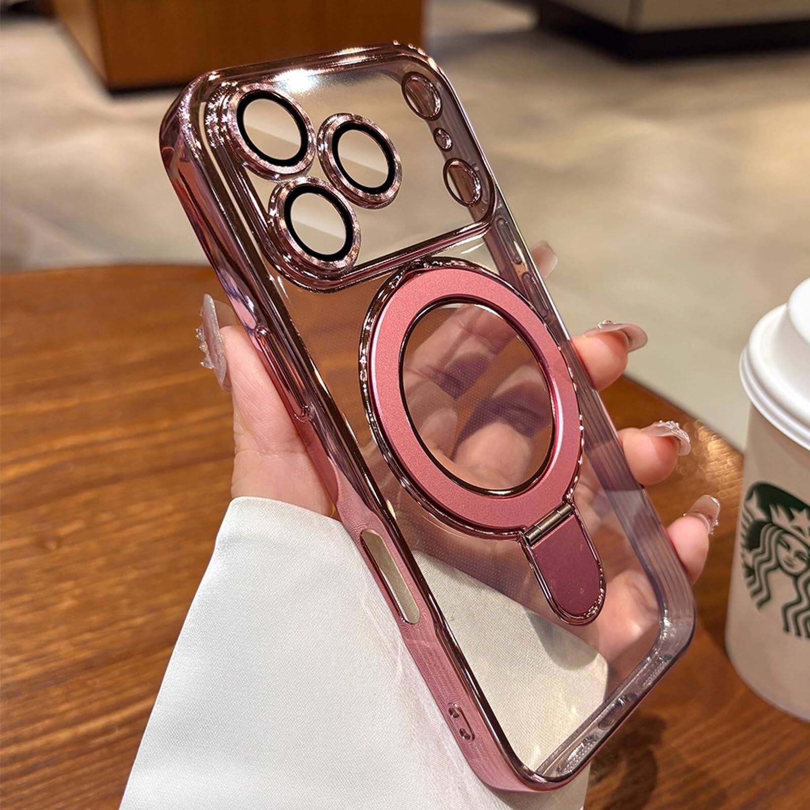 Left. UUCOVER - Magnetic Case for Apple iPhone 18 Pro,Shockproof TPU+PC Clear Case Ring Stand Compatible with MagSafe Camera Lens Cover - Rosegold.