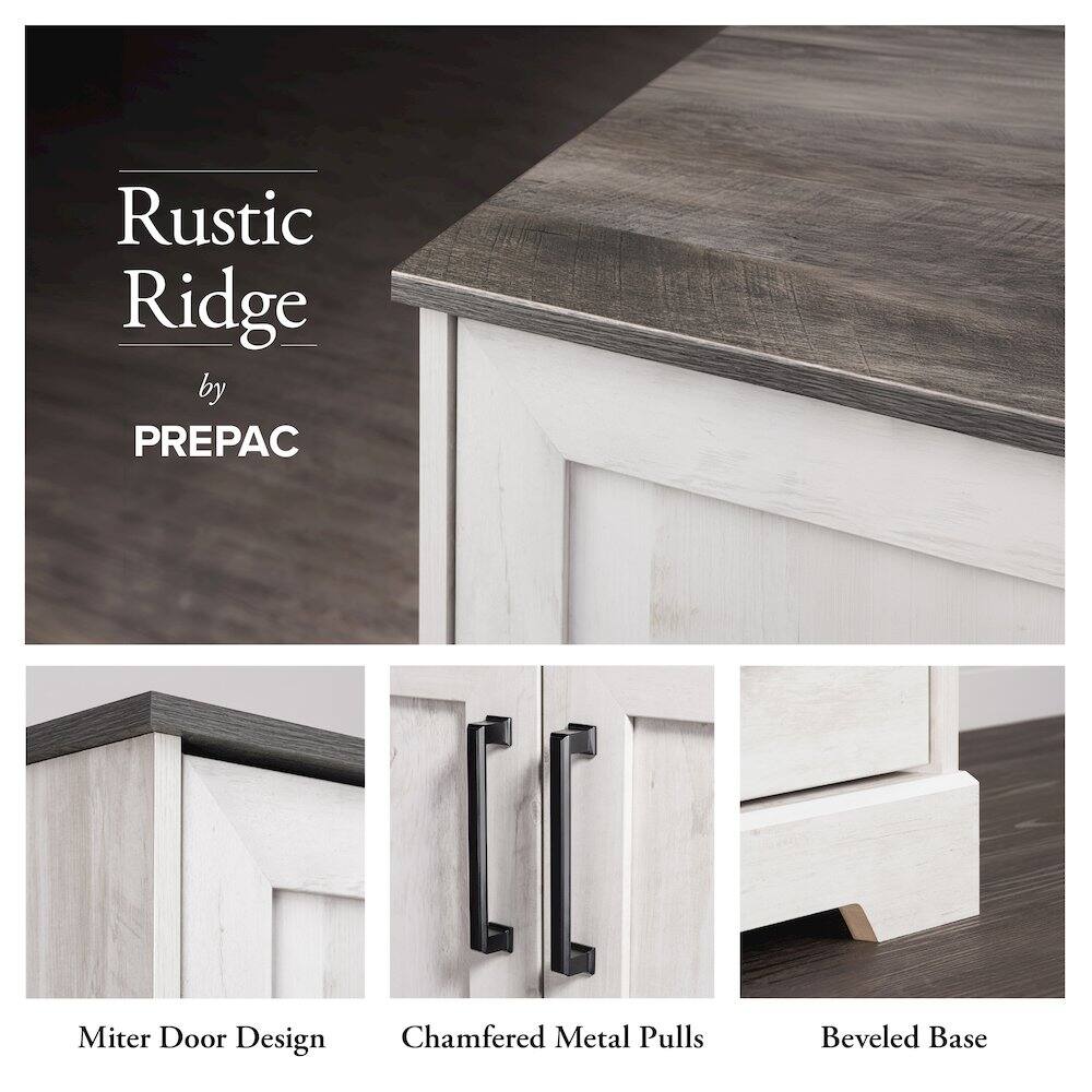 Rustic Ridge by PREPAC

- Miter Door Design
- Chamfered Metal Pulls
- Beveled Base