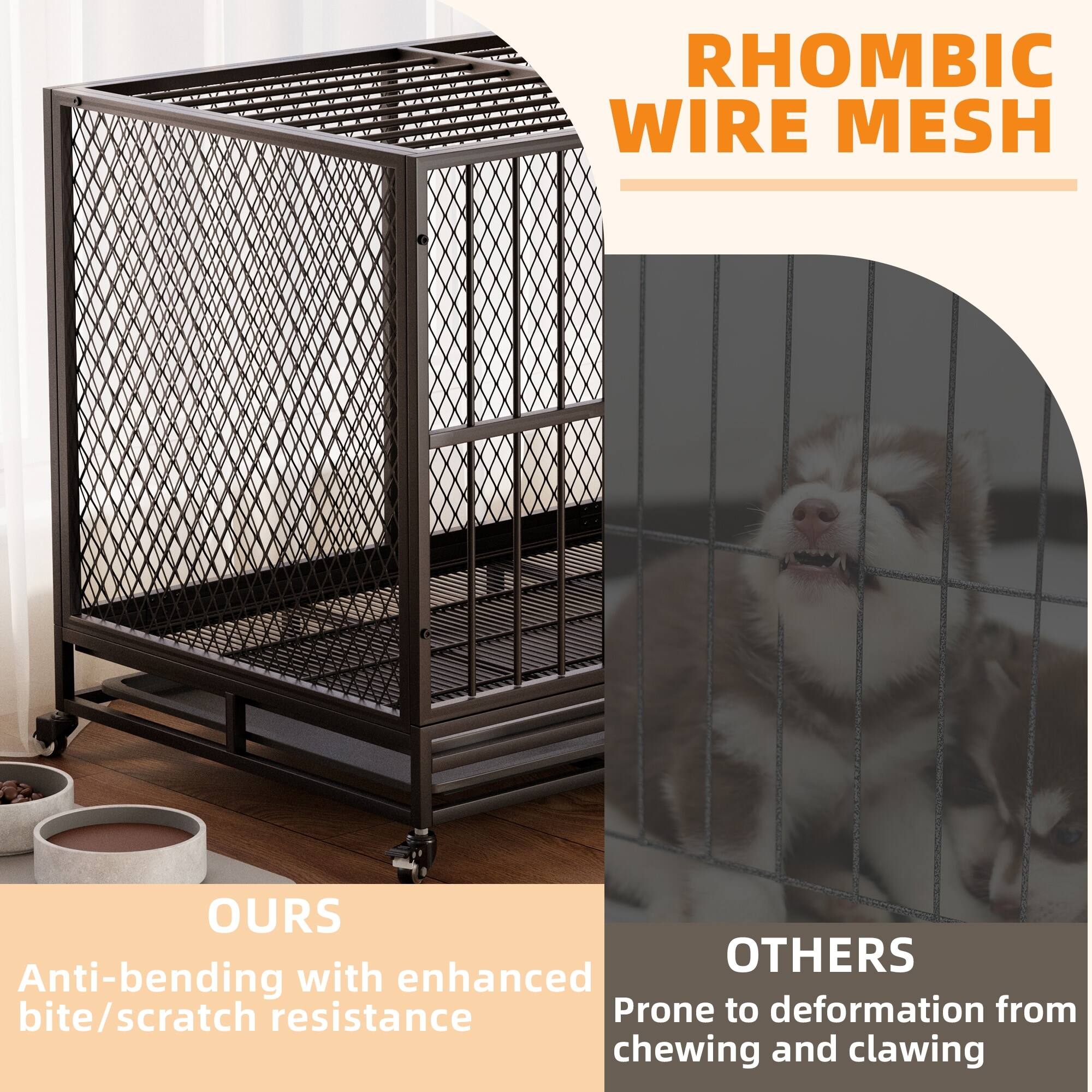 RHOMBIC WIRE MESH

OURS
Anti-bending with enhanced bite/scratch resistance

OTHERS
Prone to deformation from chewing and clawing