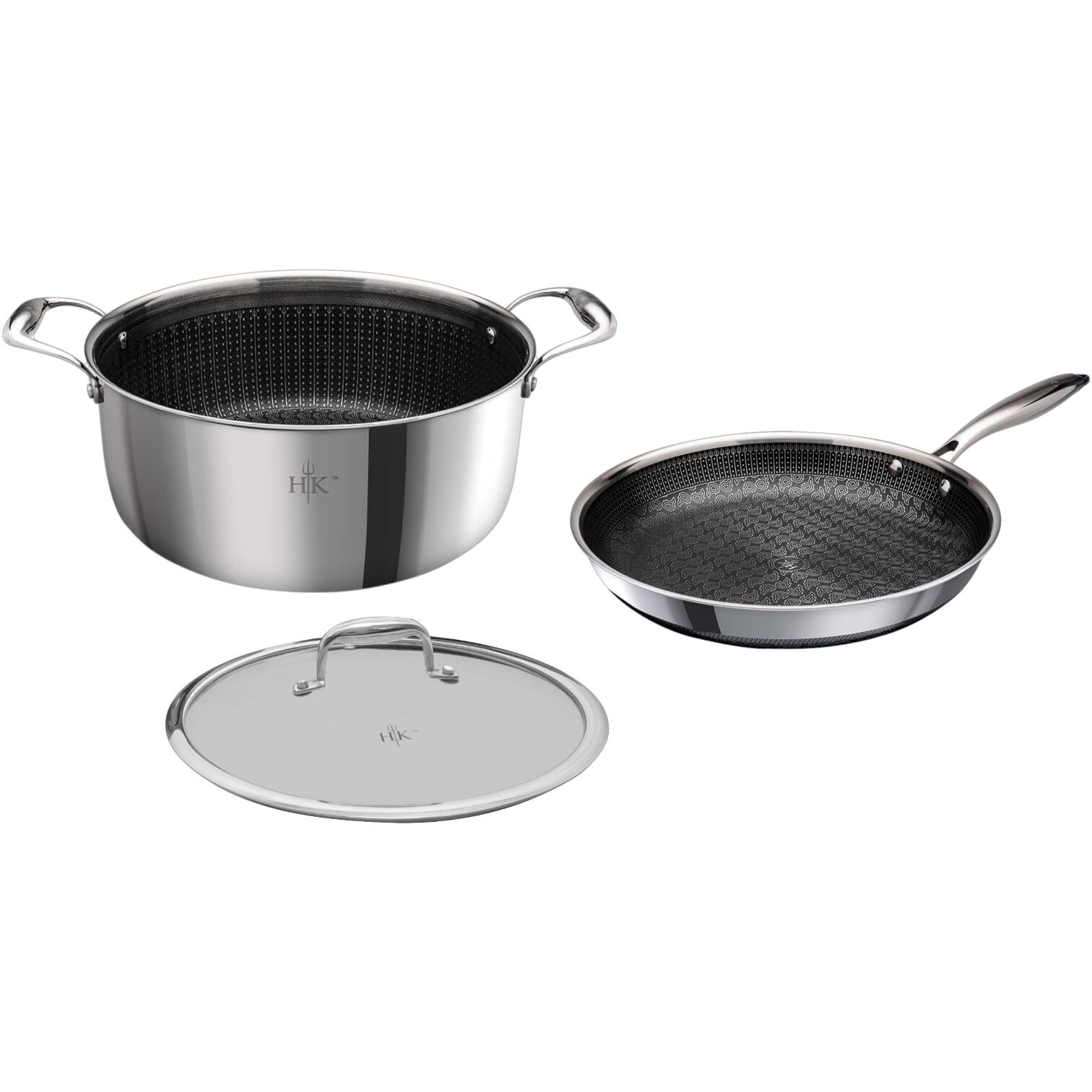 Left. Hell's Kitchen - Hell's Kitchen Hybrid 3-Piece Pot and Pan Starter Set with Lid - Stainless Steel.