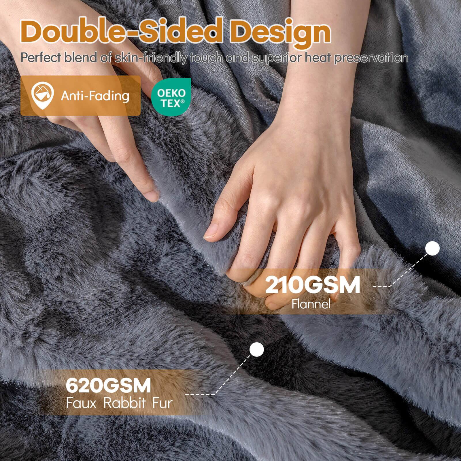 Double-Sided Design  
Perfect blend of skin-friendly touch and superior heat preservation  

Anti-Fading  

210GSM Flannel  
620GSM Faux Rabbit Fur