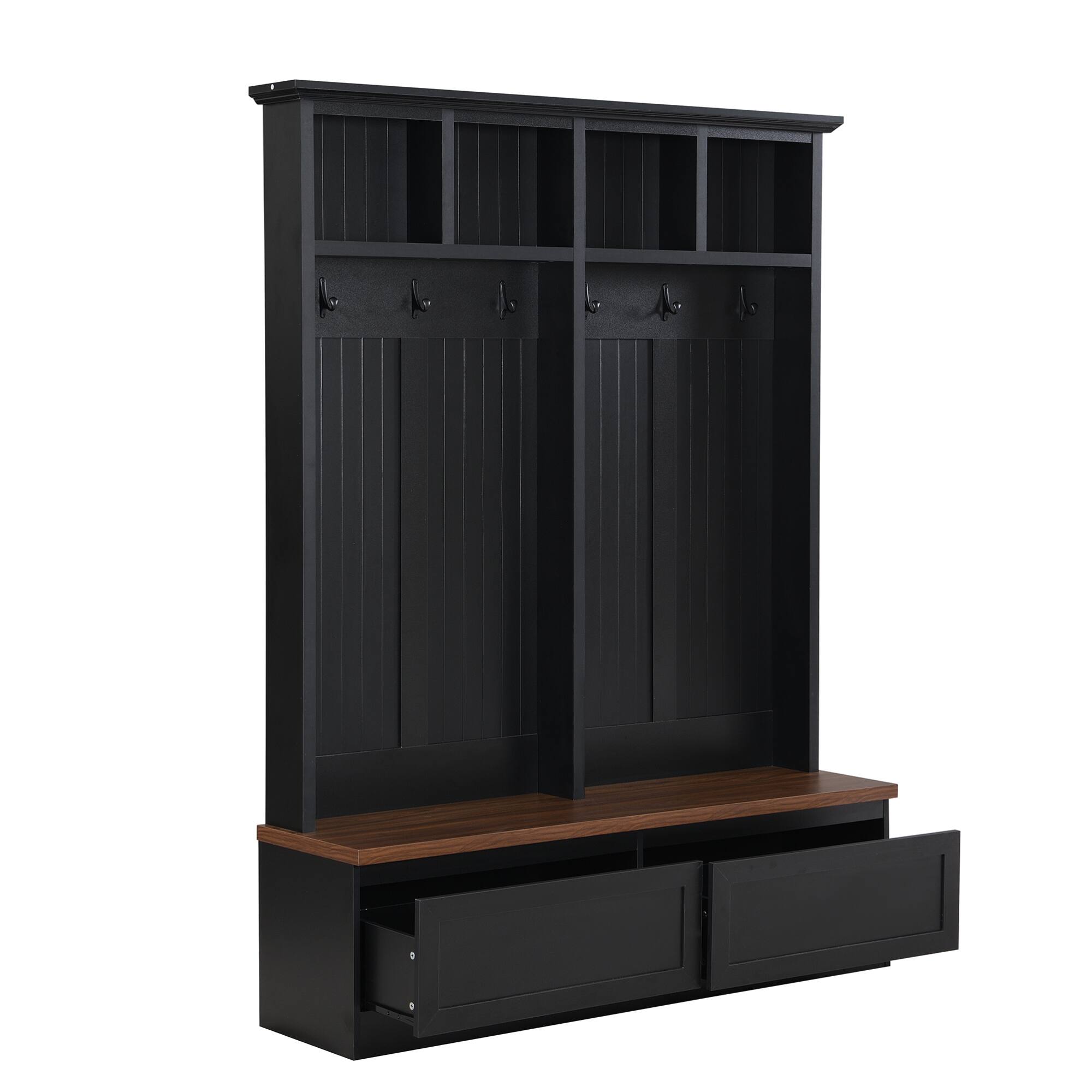 Alt View 7. GOODSILO - 4-in-1 Farmhouse Entryway Hall Tree with Bench, Storage Drawers, and Coat Hooks for Organized Mudroom Space - Black+Dark Walnut.