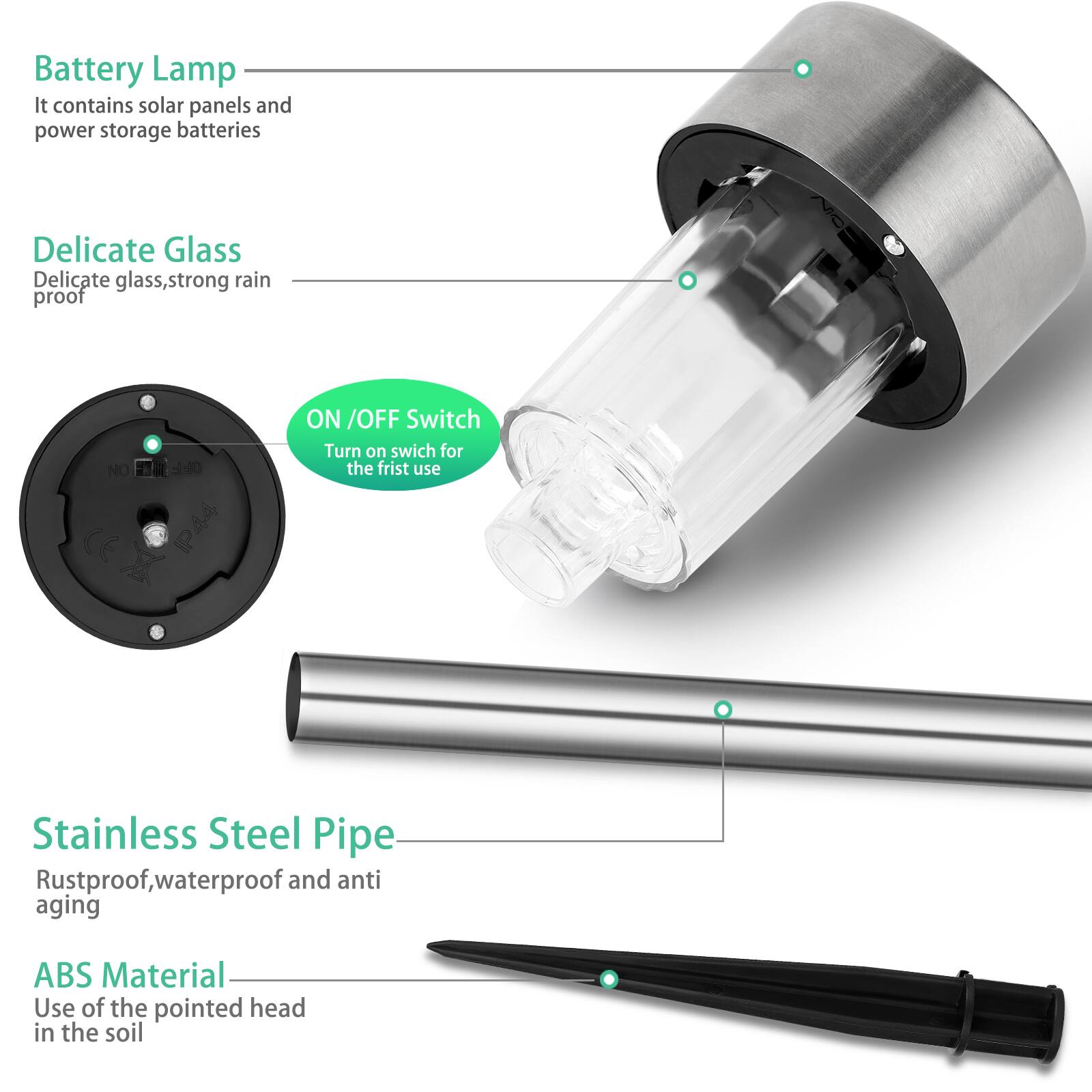 Battery Lamp  
It contains solar panels and power storage batteries

Delicate Glass  
Delicate glass, strong rain proof

ON / OFF Switch  
Turn on switch for the first use

Stainless Steel Pipe  
Rustproof, waterproof and anti aging

ABS Material  
Use of the pointed head in the soil