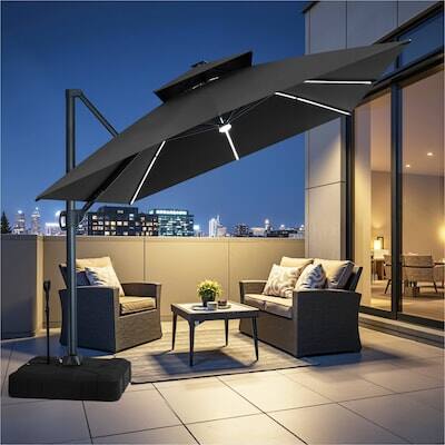 Alt View 8. Crestlive Products - Crestlive Products 13' Patio Offset Cantilever Umbrella 2-Tier Top With Solar-Lighted Strips 350lbs 360° Rod Wheel Base - black.