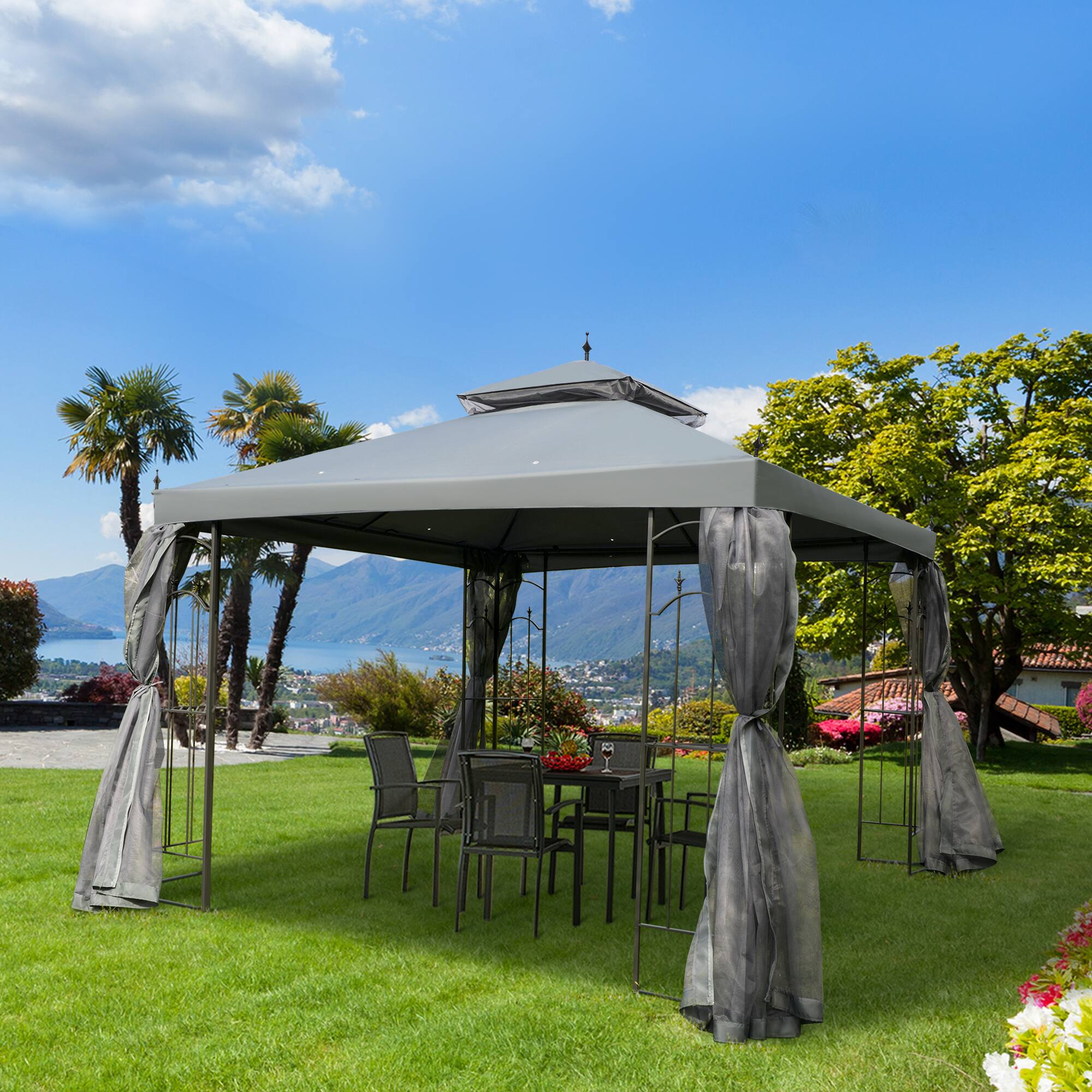 Angle. Outsunny - 10' x 10' Patio Gazebo with Corner Frame Shelves, Double Roof Outdoor Gazebo Canopy Shelter with Netting - Gray.