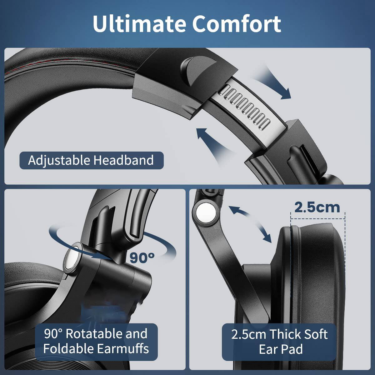 Ultimate Comfort Adjustable Headband  
2.5cm  
90° Rotatable and Foldable Earmuffs  
2.5cm Thick Soft Ear Pad