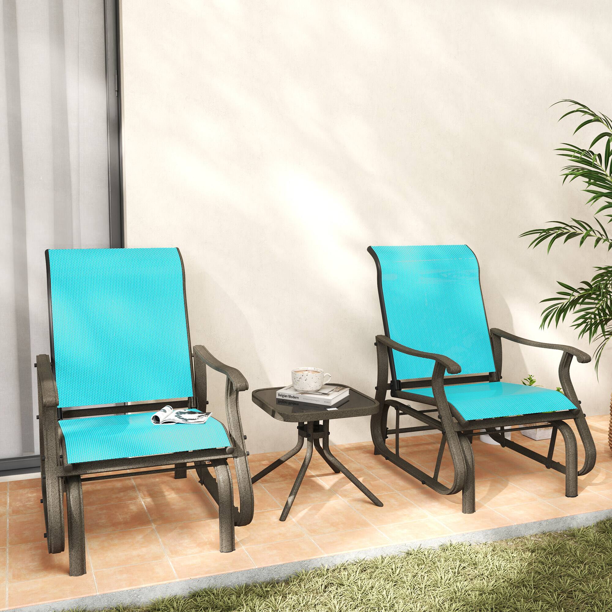 Angle. Outsunny - 3-Piece Outdoor Gliders Set Bistro Set with Steel Frame, Tempered Glass Top Table for Patio, Garden, Backyard, Lawn - Bright Blue.