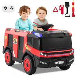 Costway - 2-Seater Kids Ride on Fire Truck w/Remote Control Water Gun Extinguisher Shovel - Black,Red