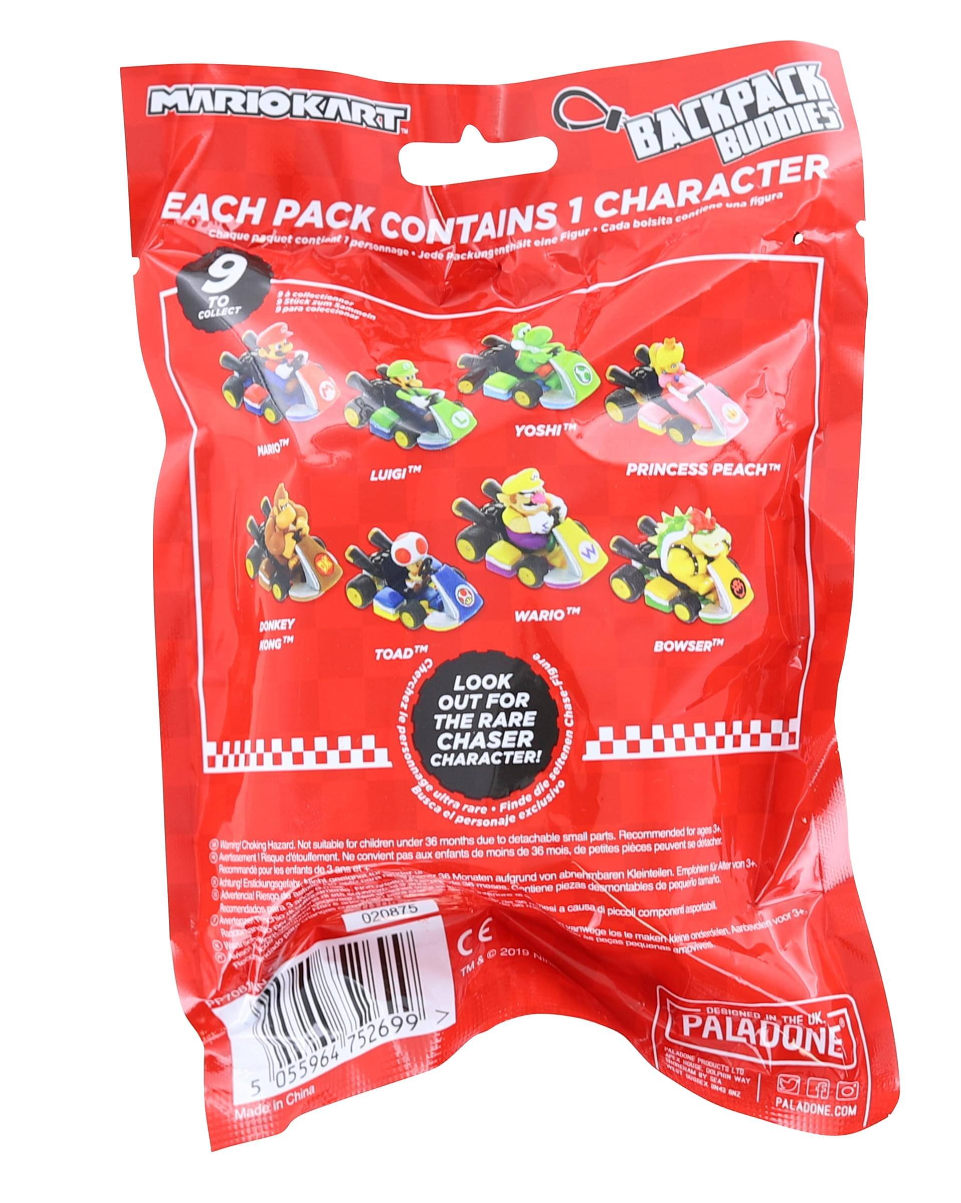 **MARIOKART BACKPACK BUDDIES**

**EACH PACK CONTAINS 1 CHARACTER**

- Mario™
- Luigi™
- Yoshi™
- Princess Peach™
- Wario™
- Bowser™
- Donkey Kong™
- Toad™

**9 TO COLLECT**

**LOOK OUT FOR THE RARE CHASER CHARACTER!**

**Recommended for ages 3+**

**Not suitable for children under 36 months due to detachable small parts.**

**Choking Hazard**

**Made in China**

**020875**

**055964 7526991**

**Designed in the UK by PALADONE**

**PALADONE.COM**