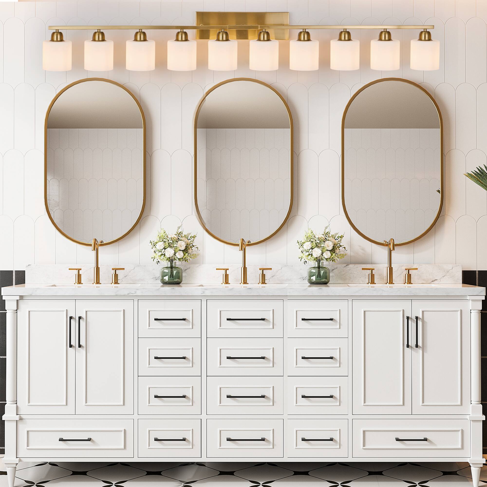 Left. HOMLUX - 64.96 in. 10 Lights Gold LED Vanity Light Bar with Crystal Shade.