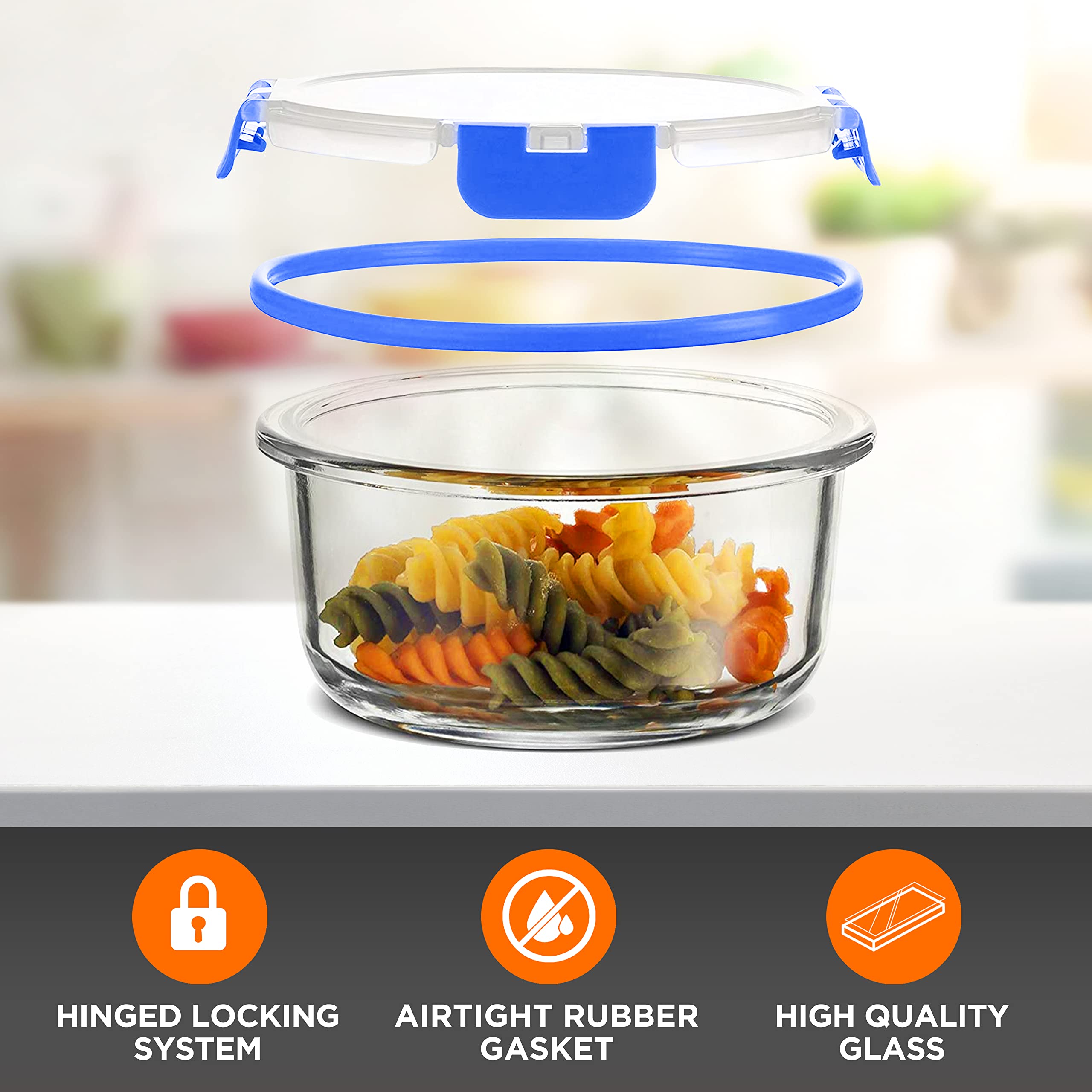 HINGED LOCKING SYSTEM  
AIRTIGHT RUBBER GASKET  
HIGH QUALITY GLASS