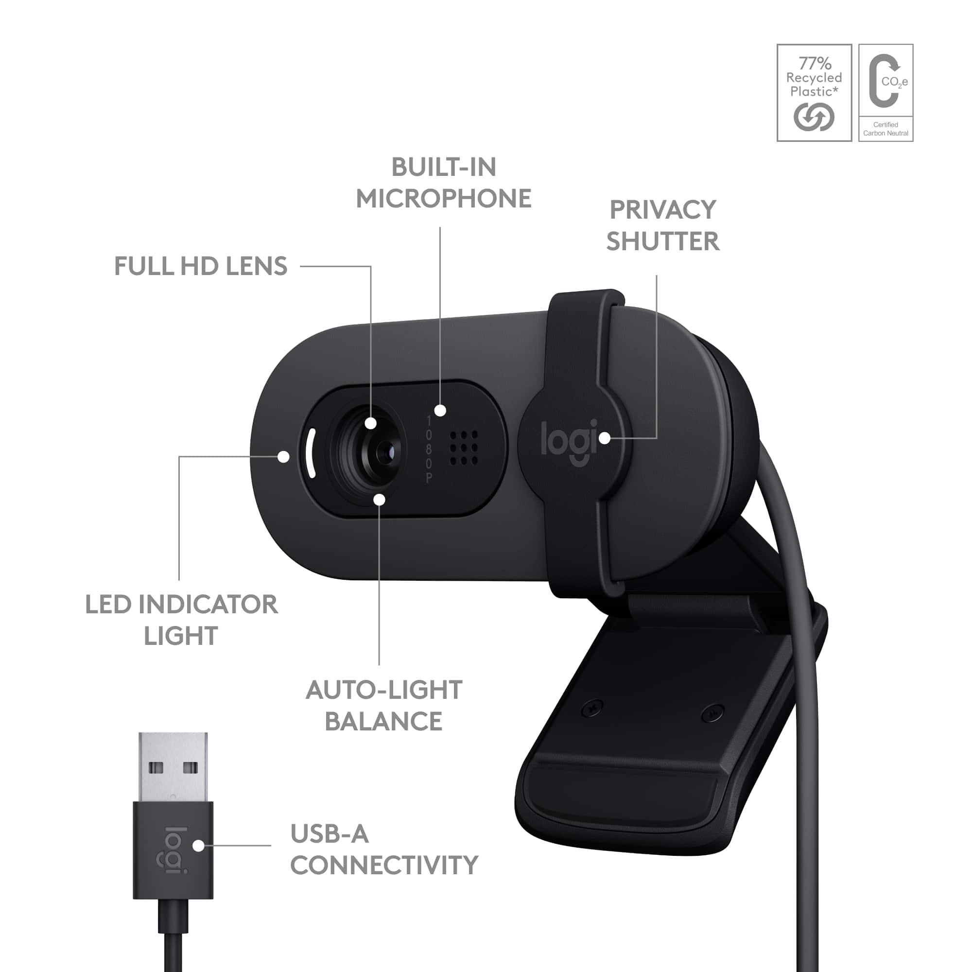 Built-in microphone, Privacy shutter, Full HD lens, LED indicator light, Auto-light balance, USB-A connectivity.