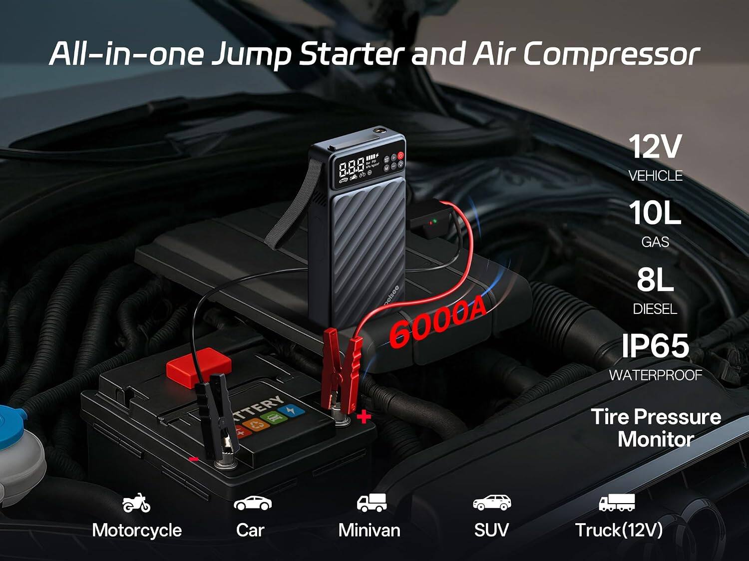 All-in-one Jump Starter and Air Compressor

12V VEHICLE
10L GAS
8L DIESEL
6000A
IP65 WATERPROOF Tire Pressure Monitor

Motorcycle
Car
Minivan
SUV
Truck(12V)
