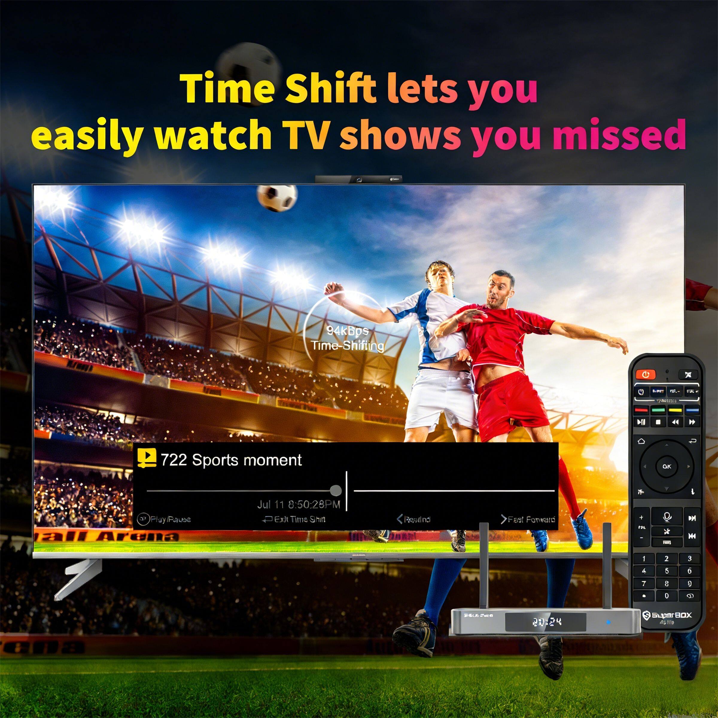Time Shift lets you easily watch TV shows you missed

94KBps Time-Shifting

722 Sports moment - Jul 11 8:50:28PM

Play/Pause - Exit Time Shift

20:24 Spar ROX