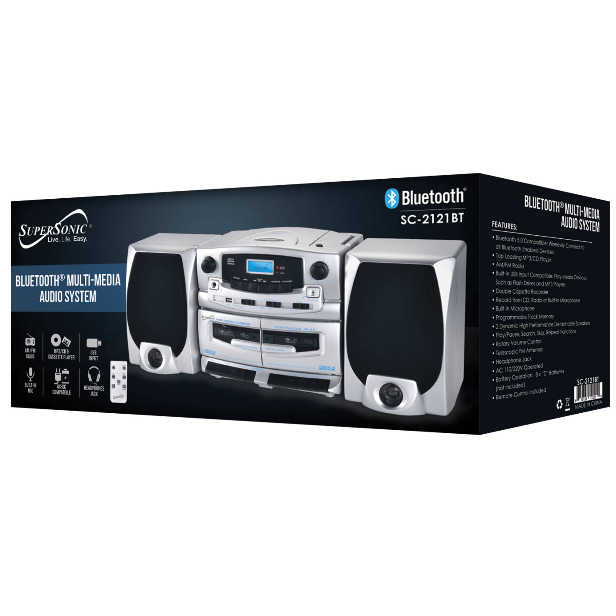 SUPERSONIC Live. Life. Easy. BLUETOOTH MULTI-MEDIA AUDIO SYSTEM

iNT8 a n/ 1 1 - DRILETS S E 1 a  E RADPIONES In TR - Bluetooth BLUETOOTH SC-2121BT BT MULTI-MEDIA FEATURES: AUDIO SYSTEM Bluetooth 5.0 Compatible with Bluetooth Wireless Connectivity Top Loading MP3/CD Player AM/FM Radio Built-in USB Input Compatible with Media Devices Such as Flash Drives and MP3 Players Double Cassette Recorder Record from CD, Radio or Built-in Microphone Programmable Track Memos High Performance Detachable Speakers Dynamic Search Skip Functions Play/Pause, Search, Skip, Repeat Volume Control Telescopic FM Antenna Headphone Jack AC 10/220V Operated Battery Operation: SC-20218T not included Remote Control Included