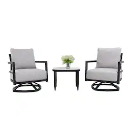 Mondawe - 3-Piece Aluminum Patio Set with Fully Weld Swivel Lounge Chair, Side Table and Sunbrella Cushions - Ember Black+Grey
