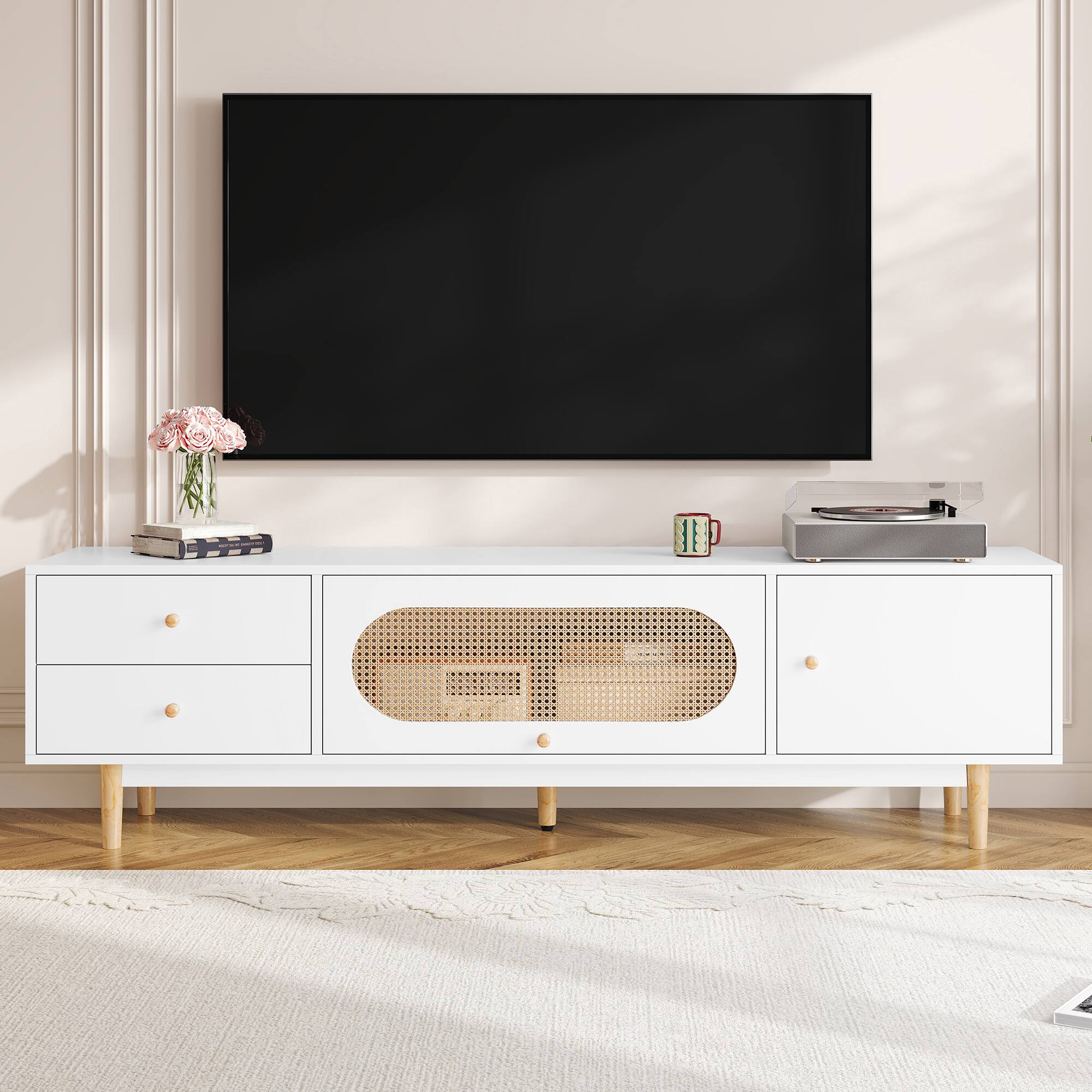 Front. Spaco - Spaco 70" TV Stand for TVs up to 80",Minimalist TV Console Table with Drawers,Media Entertainment Center for Living Room - White.