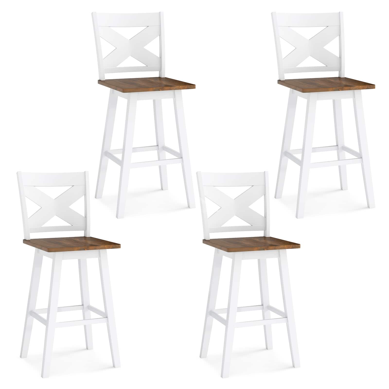 Gymax - 29'' Swivel Barstools Set of 4 w/Backrest Large Seat Footrest for Kitchen Island Walnut - White