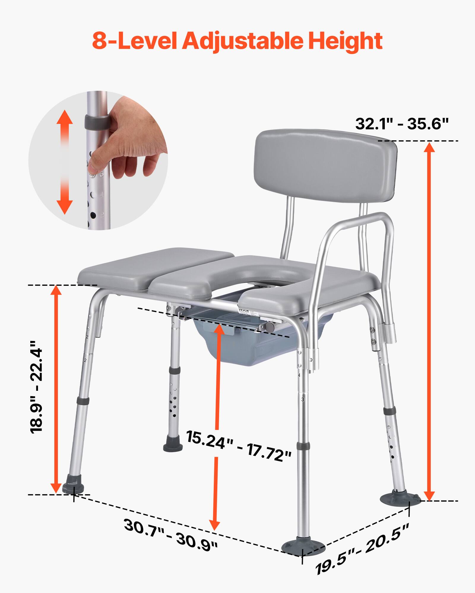 8-Level Adjustable Height, 32.1" -35.6", 18.9" -22.4", 15.24" -17.72", 30.7"-30.9", 19.5"-20.5"