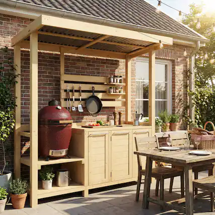 Front. Famapy - 100% Cedar Outdoor Grill Prep Station with Awning - BBQ Worktable with Storage for Big Egg Grill, Patio - Wood.