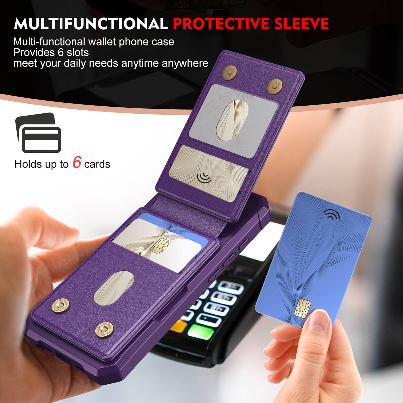 C | MULTIFUNCTIONAL PROTECTIVE SLEEVE

Multi-functional wallet phone case
Provides 6 slots
meet your daily needs anytime anywhere

Holds up to 6 cards