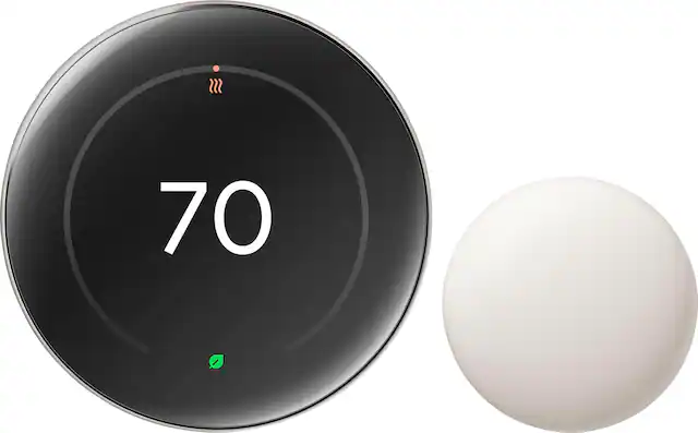 Front. Google - Nest Learning Thermostat (4th gen) with Nest Temperature Sensor (2nd gen) - Polished Silver.