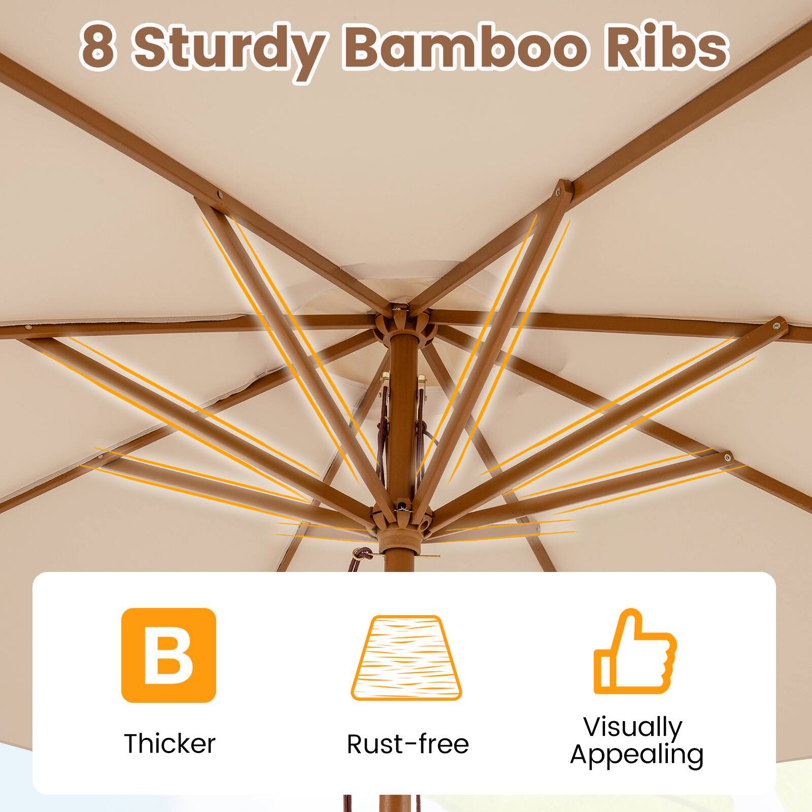8 Sturdy Bamboo Ribs

- Thicker
- Rust-free
- Visually Appealing