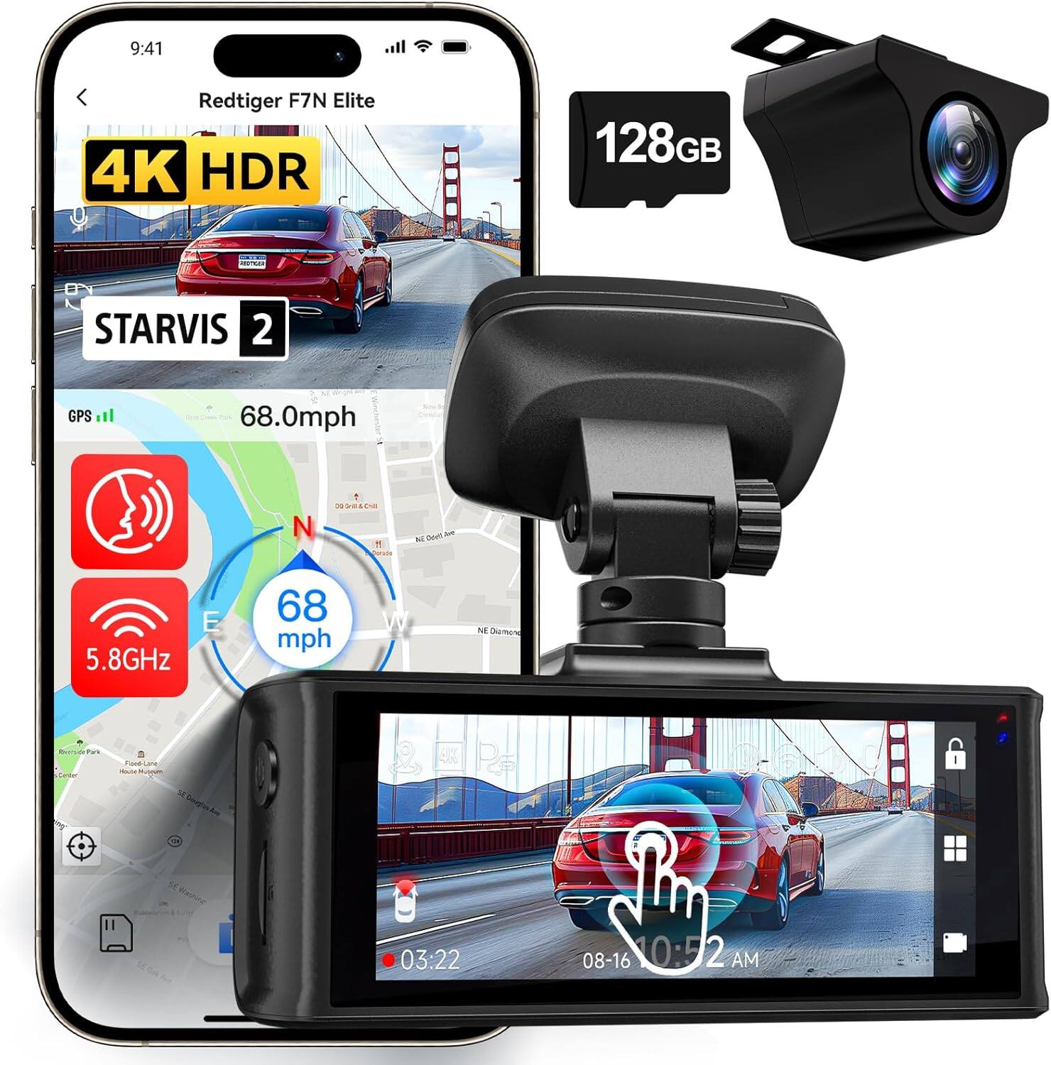 REDTIGER - RTF7NETL 4K HDR Dash Cam Front and Rear, 5.8GHz WiFi APP, 3.18" Touchscreen, Voice Control, 128G, WDR, GPS - Black