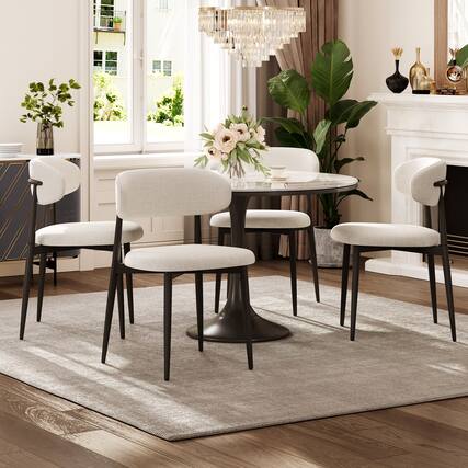 Front. Whisen - Modern 4-Piece Dining Chair Set, Beige Fabric Seat with Metal Legs for Kitchen & Dining Room - Black.