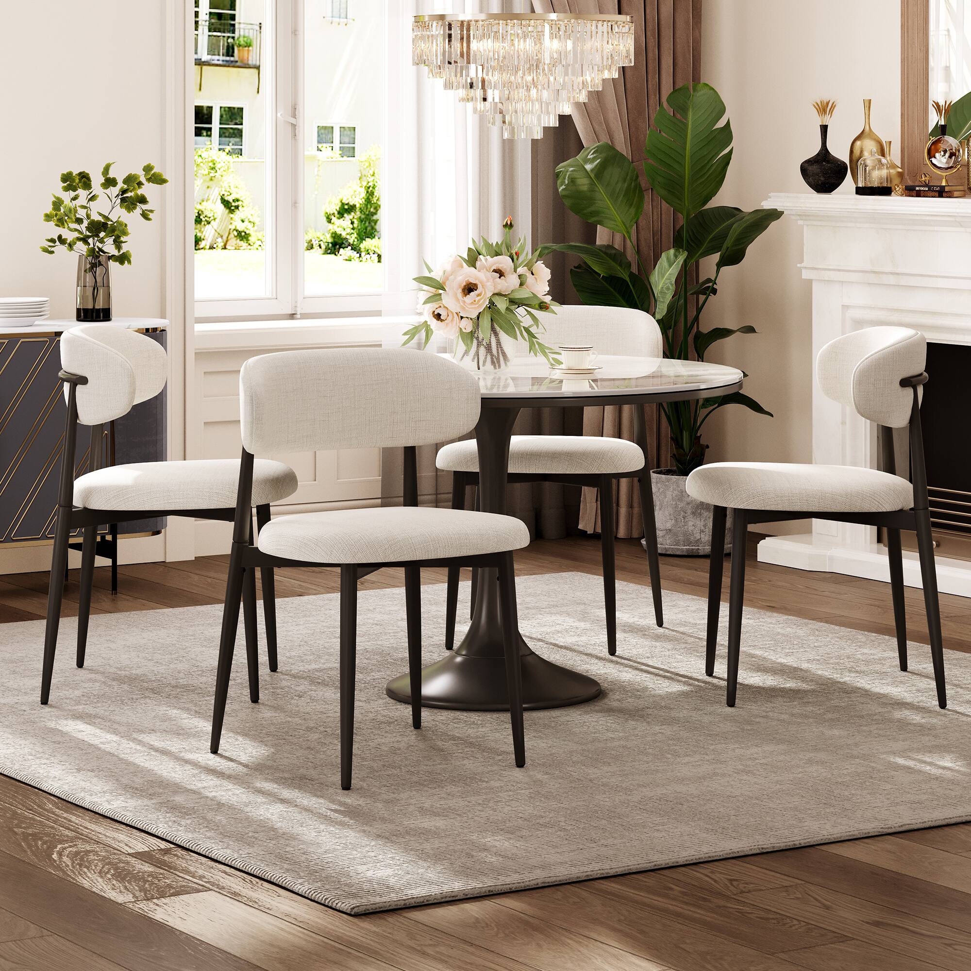 Front. Whisen - Modern 4-Piece Dining Chair Set, Beige Fabric Seat with Metal Legs for Kitchen & Dining Room - Black.