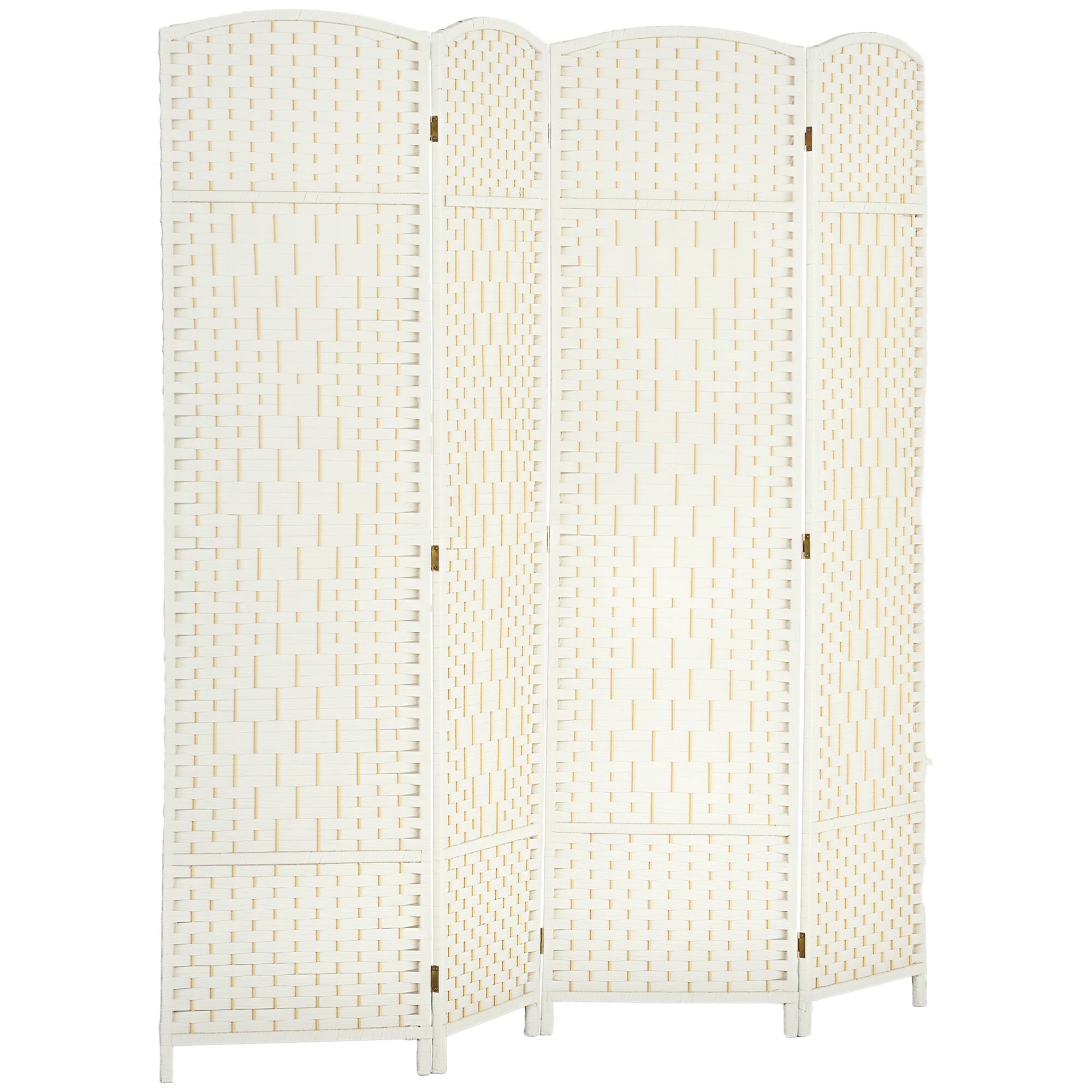 Homcom - 4 Panel Room Divider, 6' Tall Folding Privacy Screen, Hand-Woven Freestanding Wall Partition for Home Office, Bedroom - White