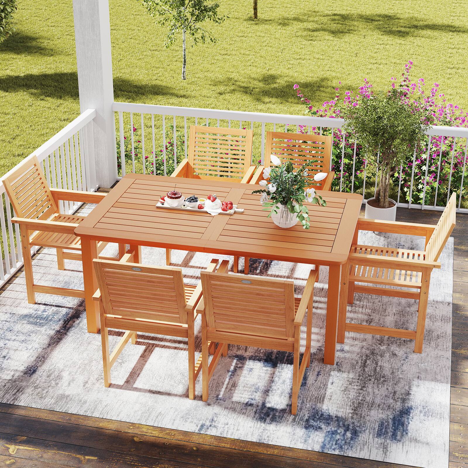 Alt View 3. Gymax - Gymax 7-Piece Patio Wood Dining Table Set Outdoor Rectangular Table and 6 Armchairs - Natural.