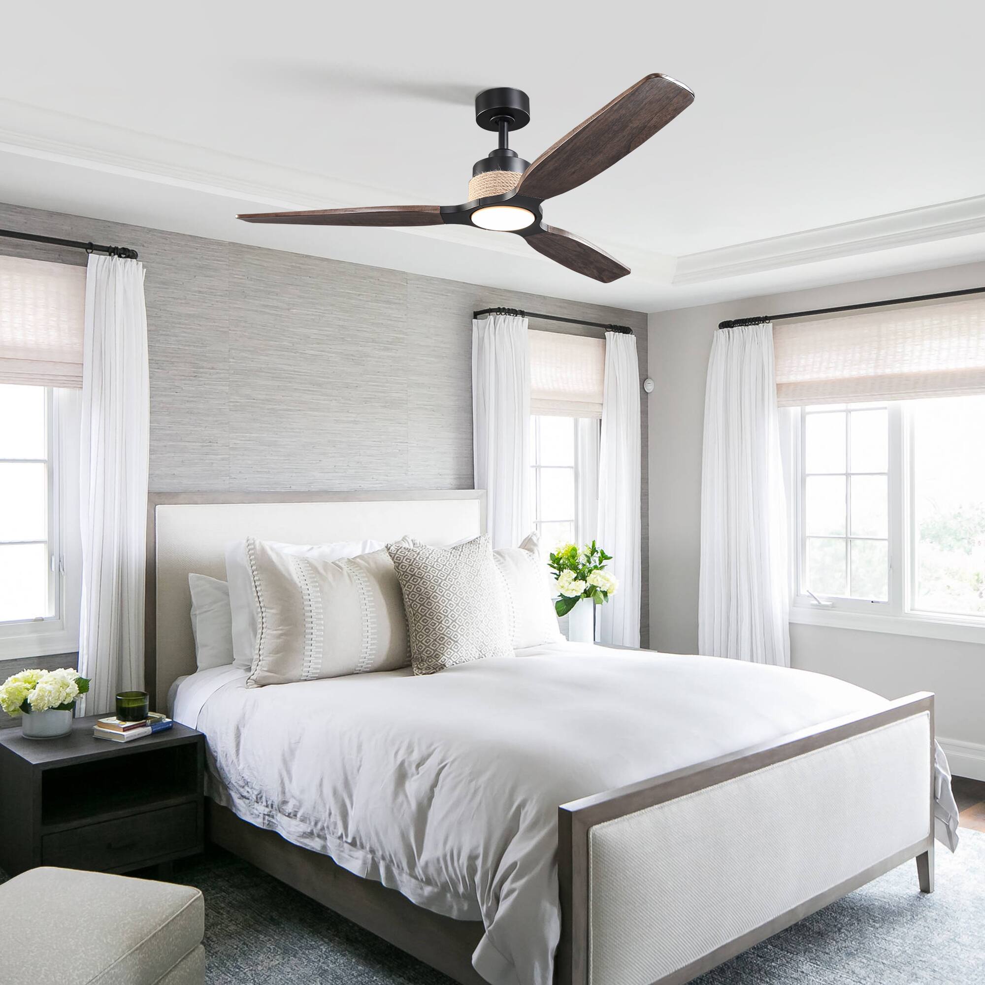 Back. Parrot Uncle - 56" Transition Black Solid Wood Jute 3CCT LED Ceiling Fan with Light and Remote - Black.