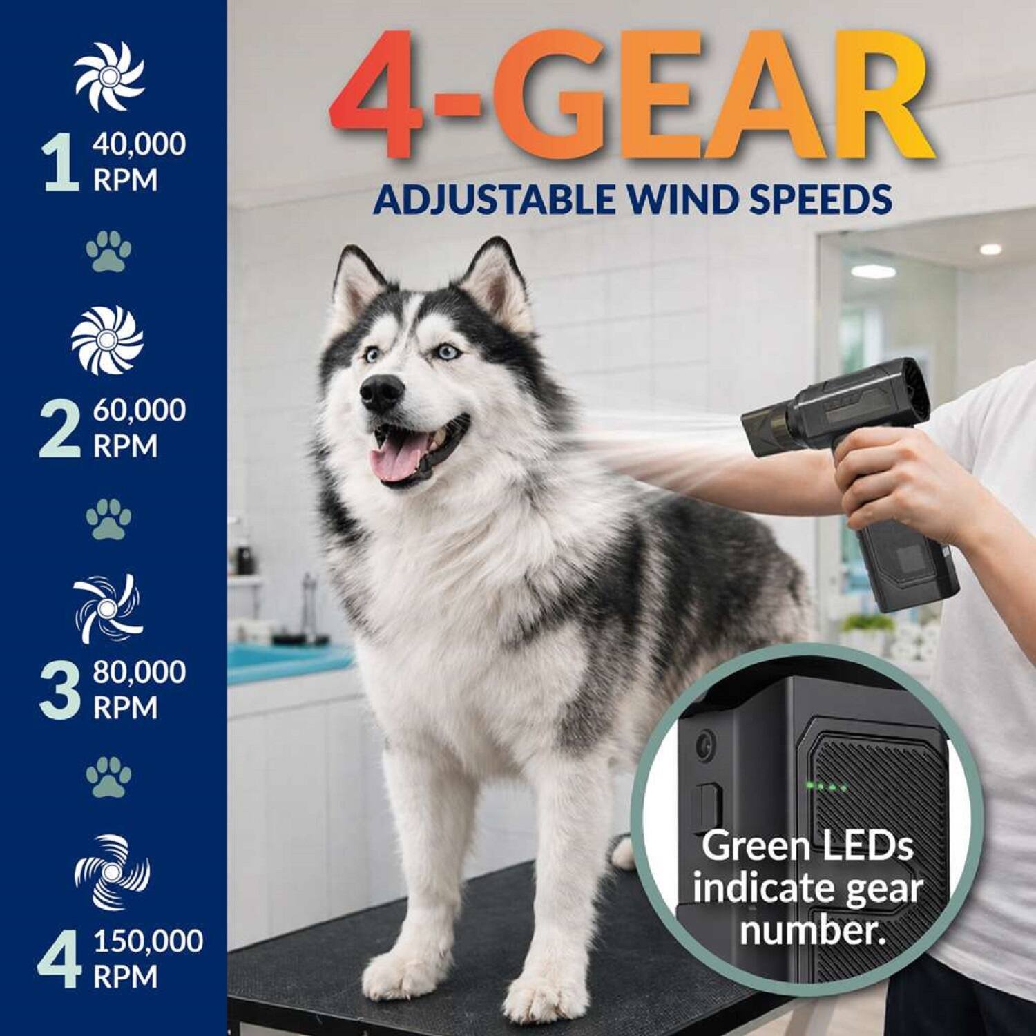 4-Gear Adjustable Wind Speeds

1. 40,000 RPM
2. 60,000 RPM
3. 80,000 RPM
4. 150,000 RPM

Green LEDs indicate gear number.
