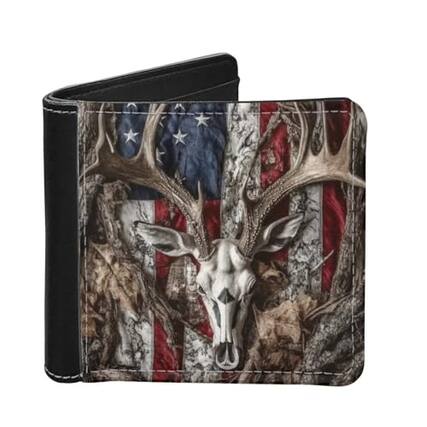 Front. Vulpecula Spade - Wallet Travel Slim Men Wallet Deer American Flag Design Leather Thin Wallets for Boys ID Card Holder Organizer Foldable - Deer American Flag Design.