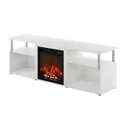 FurniFact - Oak, Chrome Fireplace Entertainment Center, TVs up to 70 Inches - White