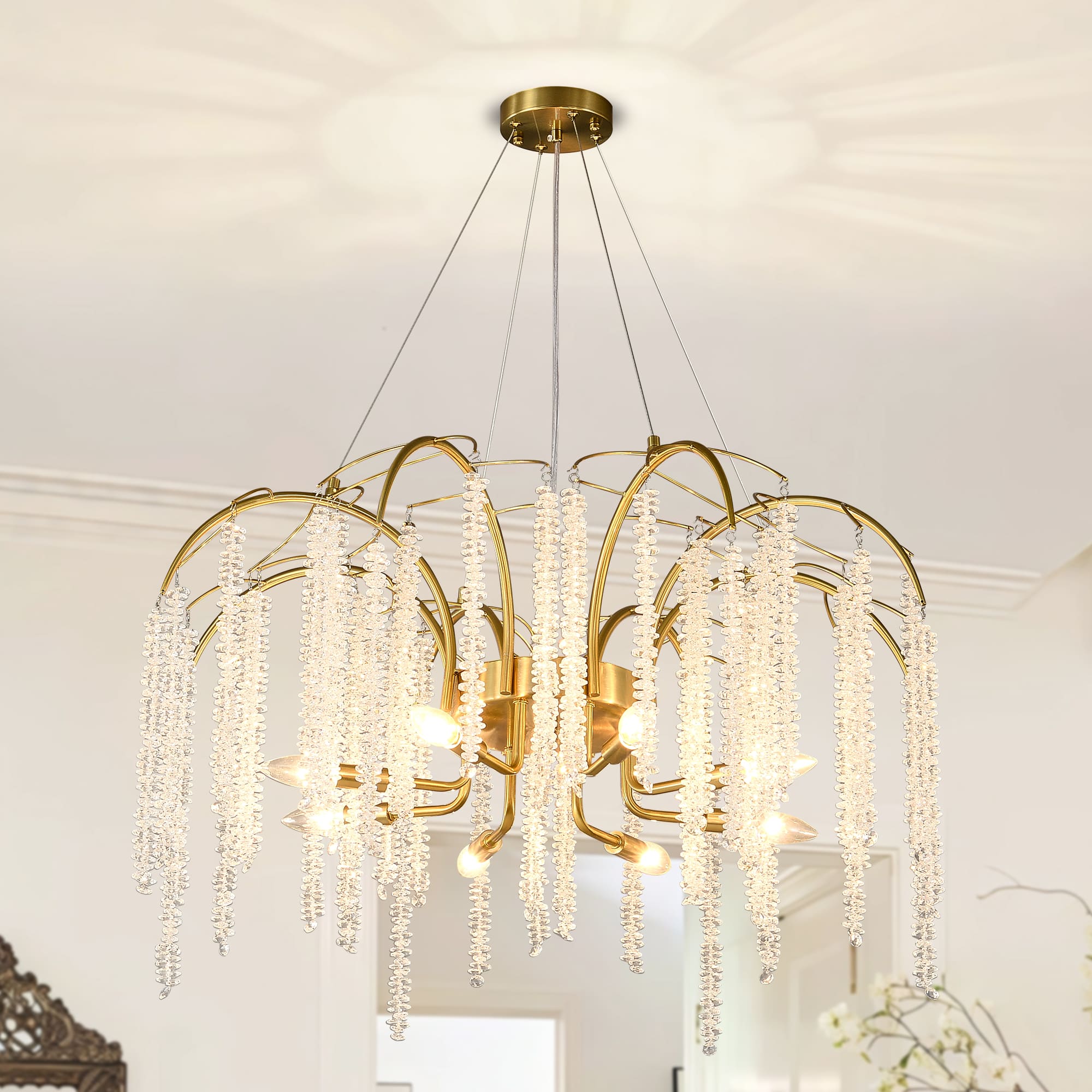 Front. RYHNUYNE - 31.5in Tassel Crystal Tree Branch Chandelier Gold Modern Pendant Light with 8 Lights Adjustable Height for High Ceiling.