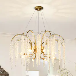 RYHNUYNE - 31.5in Tassel Crystal Tree Branch Chandelier Gold Modern Pendant Light with 8 Lights Adjustable Height for High Ceiling