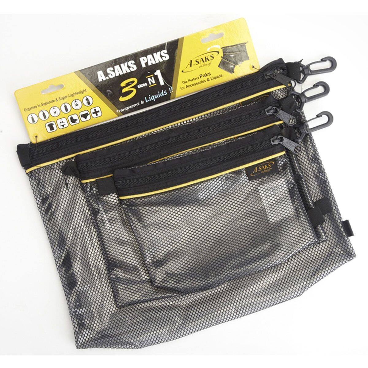 A.SAKS PAKS  
3 in 1  
sizes for Accessories & Liquids  
Organize in Separate & Super-Lightweight  
Transparent & Liquids