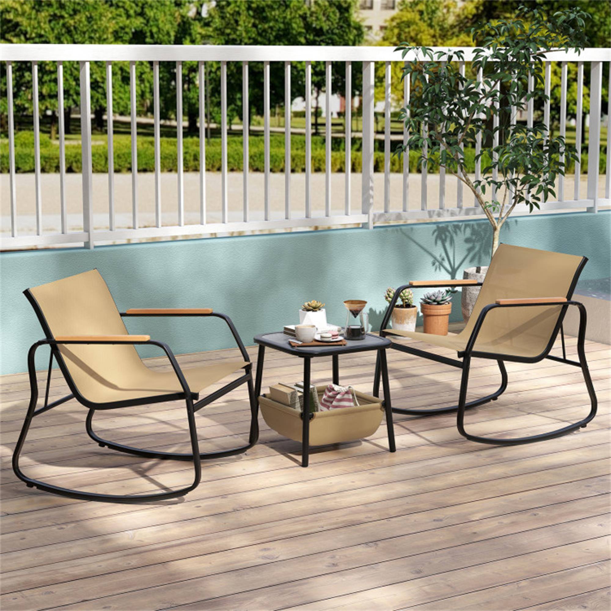 Alt View 2. Boyel Living - Brown 3 Piece Rocking Bistro Chairs and Side Table Set with Storage Bag 29.5-in L x 29-in W x 24-in H - Brown.