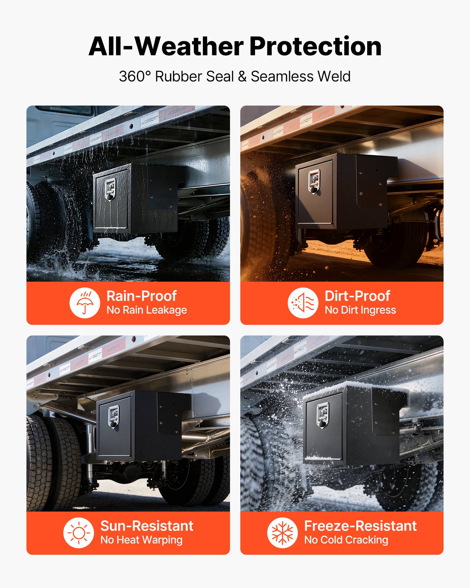 All-Weather Protection  
360° Rubber Seal & Seamless Weld  

- Rain-Proof  
  No Rain Leakage  

- Dirt-Proof  
  No Dirt Ingress  

- Sun-Resistant  
  No Heat Warping  

- Freeze-Resistant  
  No Cold Cracking