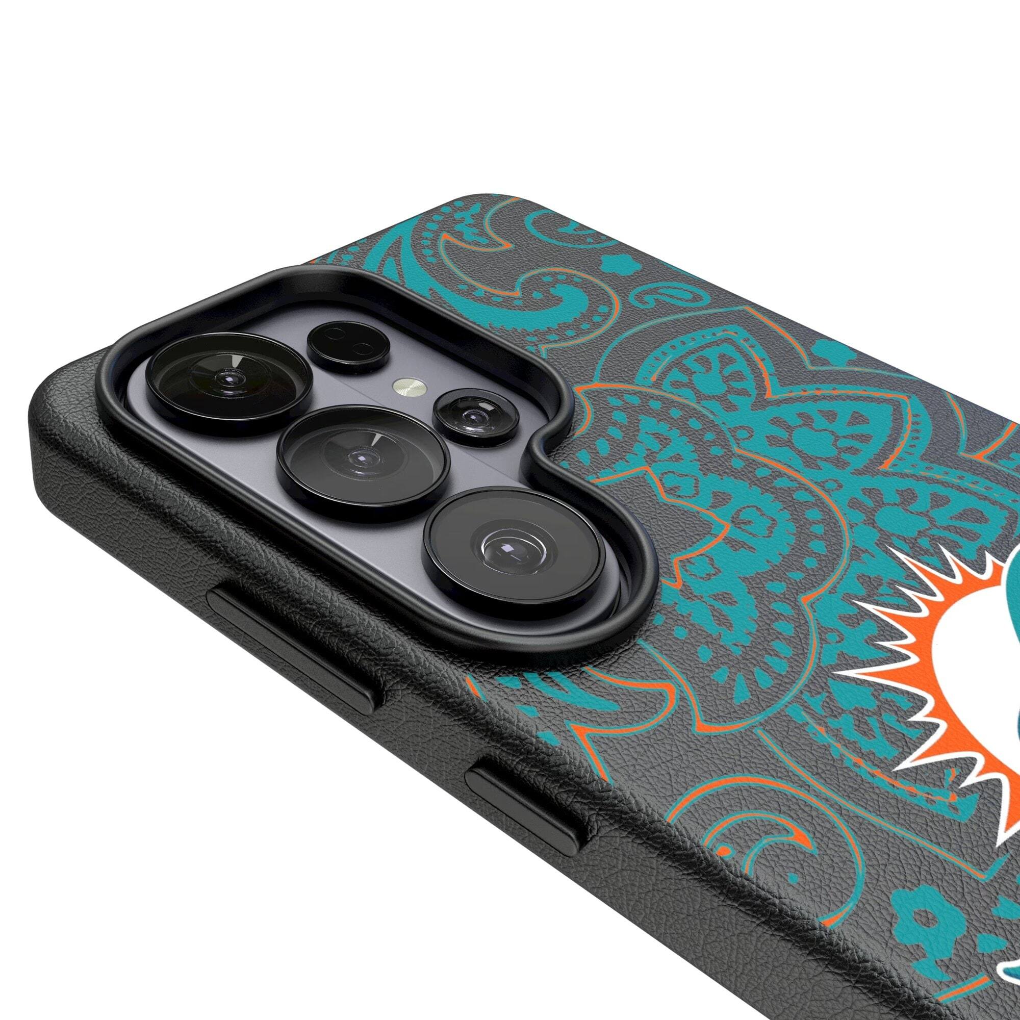 Alt View 2. Keyscaper - Miami Dolphins Paisley Galaxy Magnetic Bump Case - S24 - Black.
