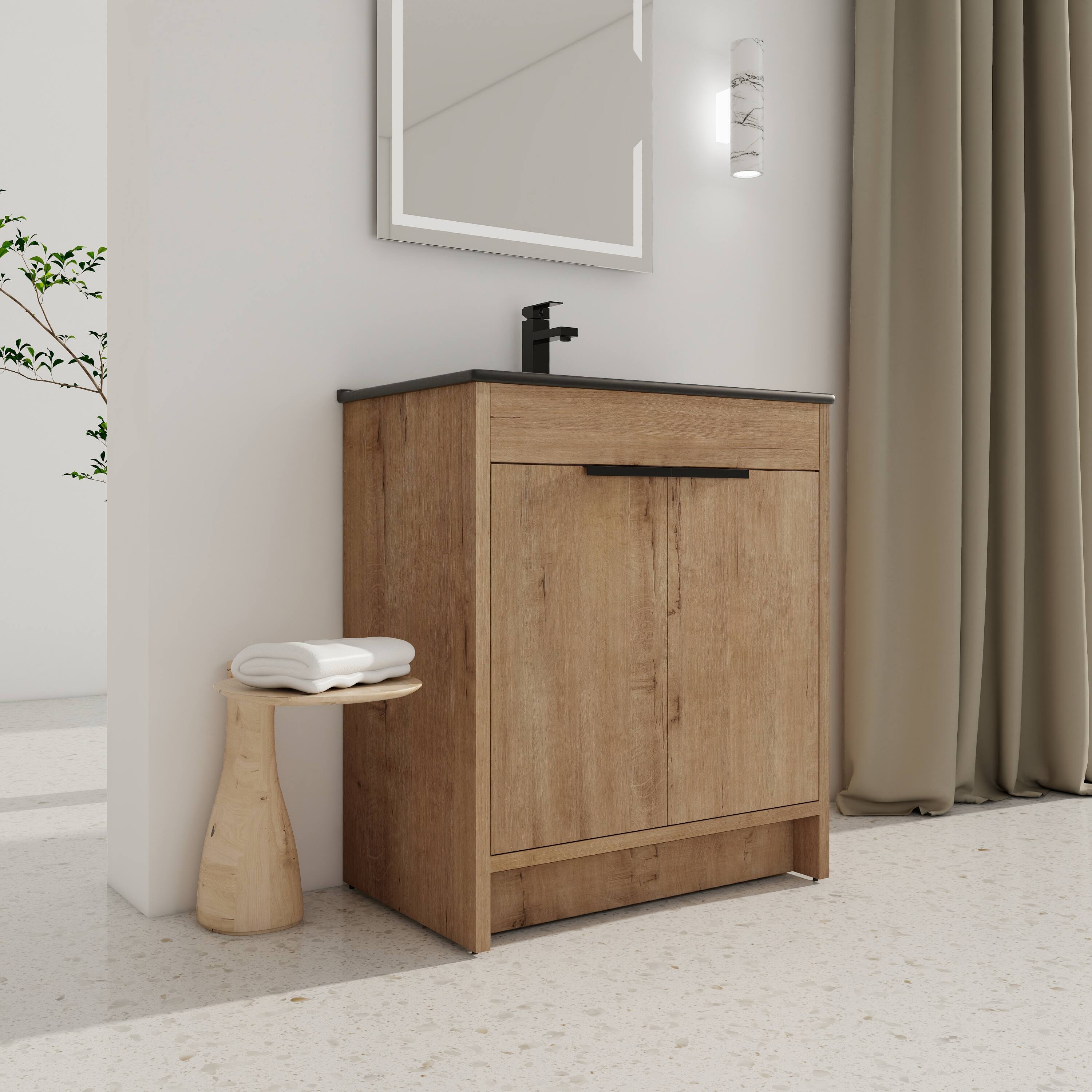 Alt View 2. TinyHomie - 30in Freestanding Bathroom Cabinet With Basin and 2 Soft-Close Cabinet Doors KD-PACKING - Imitative Oak.