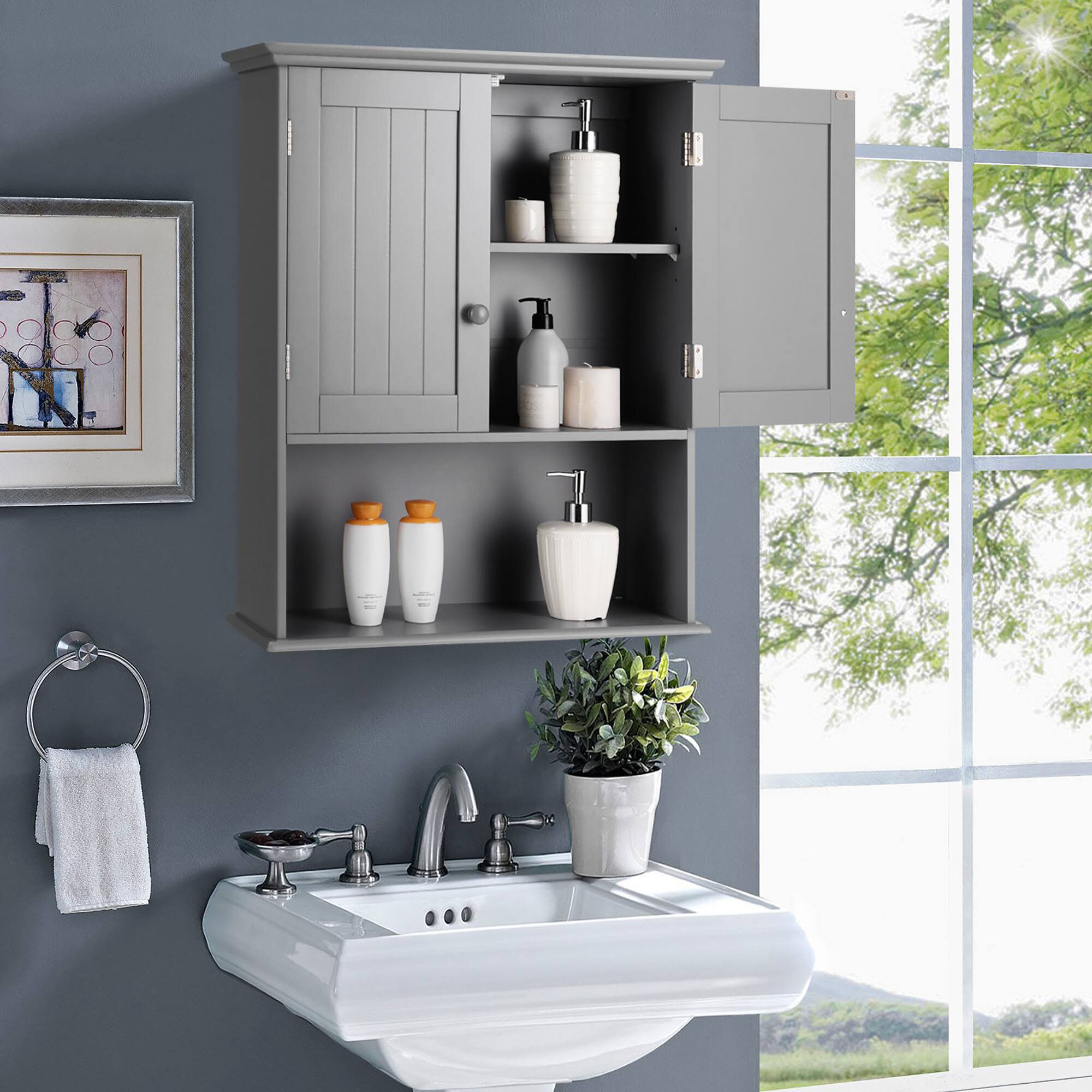 Alt View 1. Costway - Costway Wall Mount Bathroom Cabinet Storage Organizer Medicine Cabinet with 2-Doors Grey - Gray.