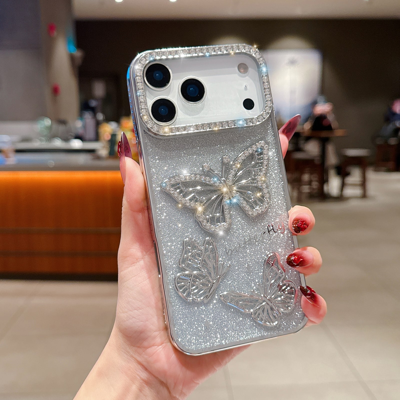 UUCOVER - For Apple iPhone 17 Pro Slim Case, 3D Bling Rhinestone Butterfly Glitter Paper Electroplated TPU Bumper Clear Back Cover - Silver