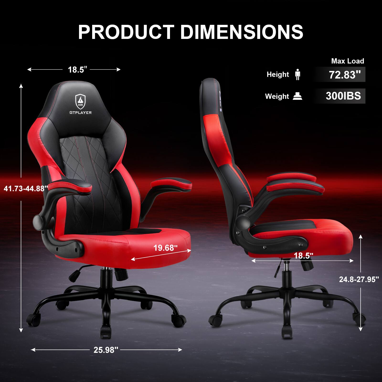 PRODUCT DIMENSIONS

Height: 72.83"
Max Load: 300IBS

Width: 41.73-44.88"
Depth: 19.68"
Seat Width: 18.5"
Armrest Width: 24.8-27.95"
Overall Width: 25.98"